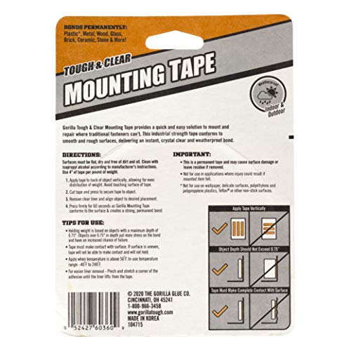 Gorilla Tough & Clear Double Sided Adhesive Mounting Tape, Extra Large, 1" x 150", Clear, (Pack of 1) Gorilla