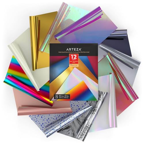 Arteza Holographic & Rainbow Heat Transfer Vinyl HTV Bundle, 12 Iron On Vinyl Sheets, 10x12 Inches, Assorted Colors, Flexible & Easy to Weed, Use ARTEZA
