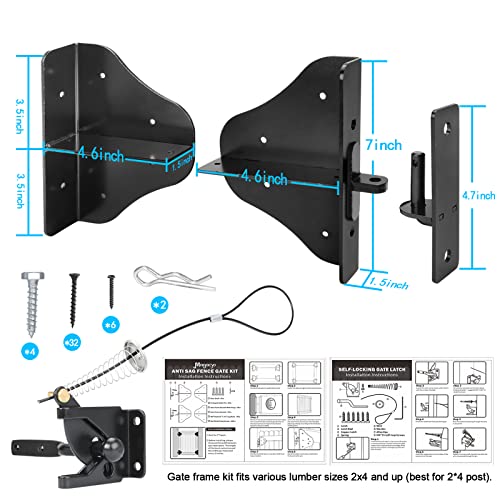 Magacyo Fence Gate Kit Gate Hardware with Gate Latch - Updated 90 Degree Right Angle Gate Hinges - Anti Sag Gate Kit - Gate Corner Brace Bracket (1 Magacyo