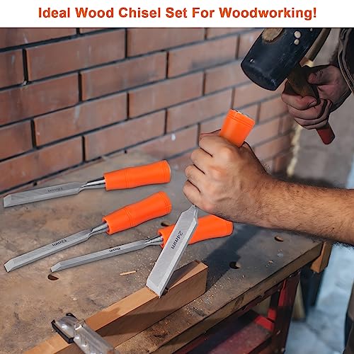 4 Piece Wood Chisel Sets Woodworking Tools Set, Wood Chisels for Woodworking with Steel Hammer End, Wood Tools Chisel Set Woodworking with Ergonomic MECHEER
