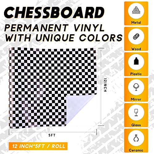 Tintnut Chessboard Permanent Vinyl Roll - 12 inch x 5ft, Checkered Racing Adhesive Vinyl Compatible with Cricut Machine, Black and White Permanent Tintnut