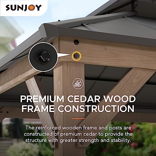 Sunjoy 10 x 12 ft. Wood Gazebo, Outdoor Patio Steel Hardtop Gazebo, Cedar Framed Wooden Gazebo with 2-Tier Metal Roof, Suitable for Patios, Lawn and Sunjoy