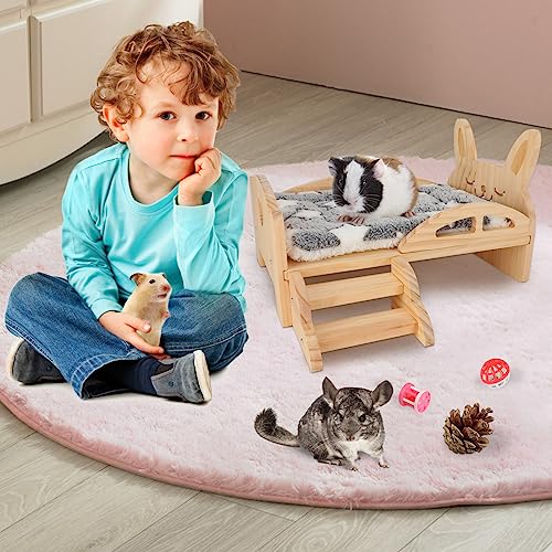 Rypet Wooden Guinea Pig Bed with Stairs and Mat Cozy Small Animals Cushion Bed Detachable Small Pet Hut Habitats for Guinea Pig Dwarf Rabbit Rypet