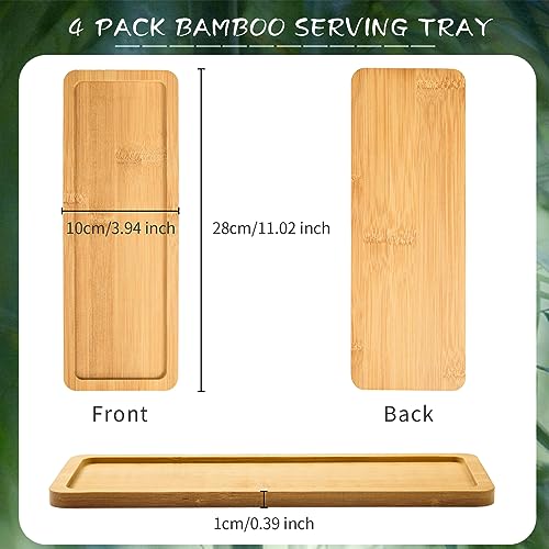 4 Pack Bamboo Serving Tray Rectangle Bamboo Wood Tea Serving Tray Rounded Edges Wooden Bathroom Counter Tray Bamboo Vanity Tray for Dresser Food AWIZOM