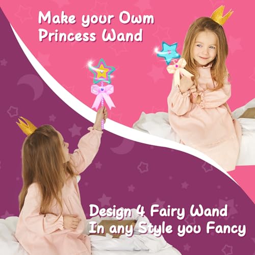 Ambesi Make Your Own Princess Wand Craft Kit, 4PCS Thick Wooden Fairy Wands with Gem Stickers & Ribbons, Art Kits for Toddler, Girls Painting Crafts Ambesi