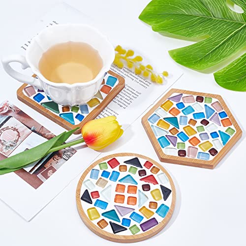 WEBEEDY 3 Sets Glass Mosaic Tiles Mosaic Kit with Bamboo Coaster DIY Mosaic Coaster Kit DIY Mosaic Crafts Kits Mosaic Coaster Making Kit for Drinks WEBEEDY