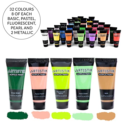 ARTISTIK Acrylic Paint Tube Set of 32-22ml Paint Tubes with 3 Brushes for Adults, Kids and Artists - Non-Toxic Artist Quality Paints for Canvas ARTISTIK