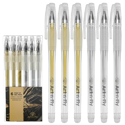 Gold & Silver Gel Pen for Artist 0.7mm Fine Point - Gold Ink Pen with Japanese Ink 6 PACK - Silver/Gold Metallic Pens for Art Drawing, Sketching & Art-n-Fly