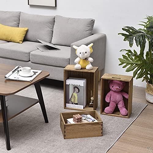 KIRIGEN Nesting Wooden Crates with Portable Handles for Home Organizer - Wood Rustic Decor Farmhouse Boxes/Basket Rolling Trays set of 3 Dark Brown KIRIGEN