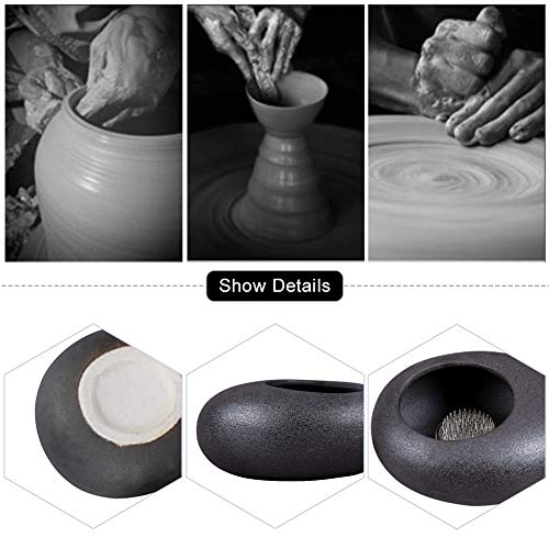 WANDIC Flower Arrangement Vase Kit, Black Pebble Ceramic Planter Pot with 4cm Kenzan Flower Frog Pottery Floral Arranging Pin Needle Holder for Desk WANDIC