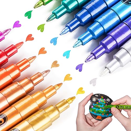 LIGHTWISH Metallic Paint Pens Glitter Markers,Sparkle Ultra Fine Point 0.7mm Acrylic Paint Markers,Super Golden Metallic Markers for Black Paper LIGHTWISH
