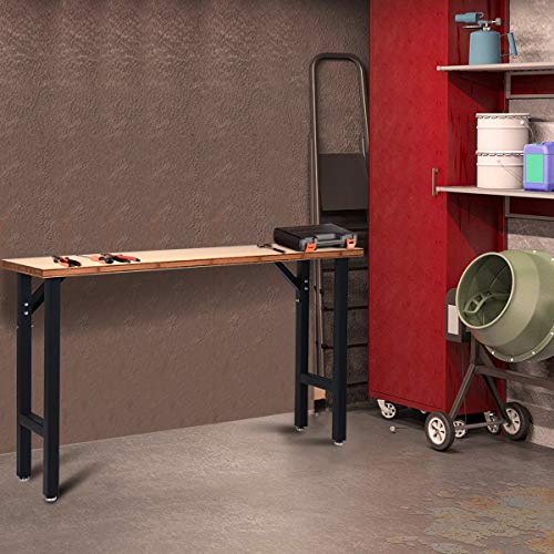 Goplus 65" Bamboo Top Work Bench, Heavy-Duty Steel Garage Workbench Triangle Reinforcement Work Table Hardwood Workstation, Easy Assembly Goplus