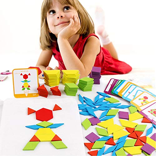 LovesTown 209 PCS Wooden Pattern Blocks, Geometric Shapes Blocks Pattern Blocks with Cards Tangram Puzzles for Kids Educational Tangram Toys LovesTown
