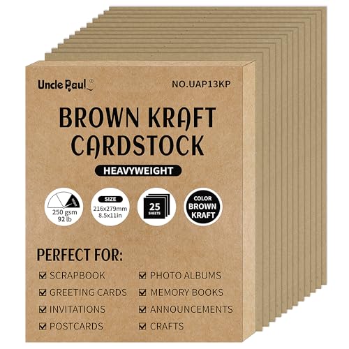 Brown Kraft Cardstock - 8.5'' x 11'' 92lb Cover Card Stock Heavyweight Paper Perfect for Scrapbooks, Art, Crafts, Business Cards 25 Sheets 250g Uncle Paul