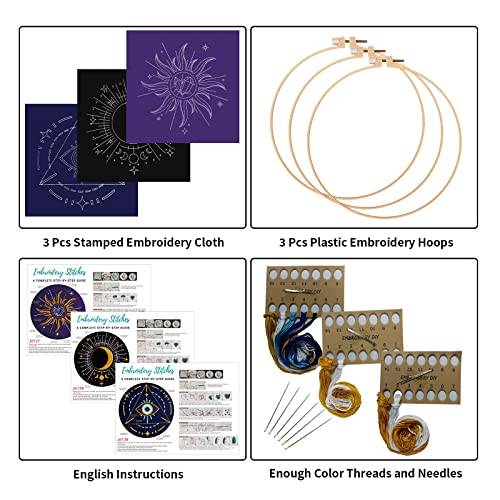 Louise Maelys 3 Set Tarot Embroidery Kits for Beginners with Sun Moon Evil Eye Pattern,Adults Starter Cross Stitch Kit DIY Needlepoint Kits Louise Maelys