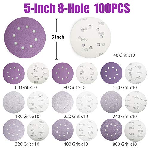 LotFancy Sanding Discs 5 Inch 8 Hole, 100PCS 40 60 80 120 180 220 240 320 400 800 Grit Assorted Professional Sandpaper, Hook and Loop Random Orbital LotFancy