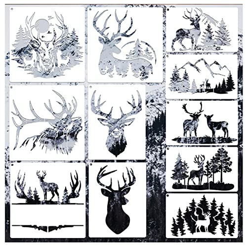 11 Pcs Deer Stencils Forest Mountain Tree Deer Head Stencils for Wood Burning Stencil Template Stencils for Painting on Wood Crafts Home Decors Huahui