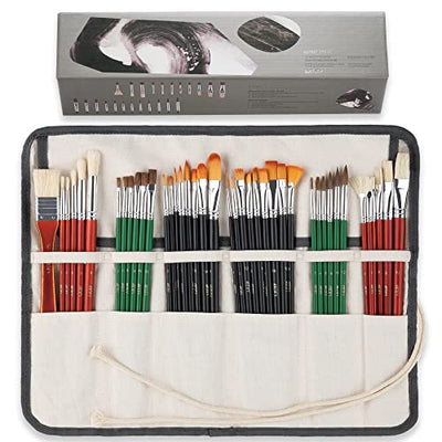 ARTIFY 41 Pieces Long Handle Paint Brushes, Expert Series, Hog Bristle, Horse Hair and Nylon Hairs Art Set Includes a Carrying Canvas Roll, for