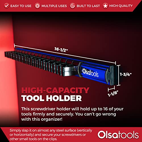 Olsa Tools Magnetic Screwdriver Rail Organizer| Professional Quality Magnetic Tool Holder | Fits up to 16 Screwdrivers | Blue Olsa Tools
