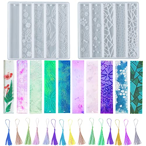 2 Set of Bookmark with Tassel Silicone Resin Mold Rectangle Leaves Texture Flower Shaped Epoxy Silicone Casting Molds Bookmark for Reading Book 10 Qinlunuho