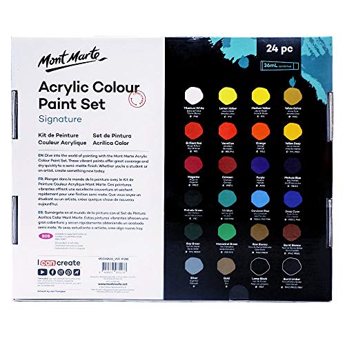 Mont Marte Acrylic Paint Set 24 Colours 36ml, Perfect for Canvas, Wood, Fabric, Leather, Cardboard, Paper, MDF and Crafts Mont Marte
