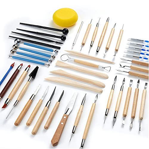 TEMONTIAN Pottery Clay Sculpting Tools,44Pcs Double Sided Polymer Clay Tools, Ceramic Clay Carving Tool Set with Carrying Case Bag for Beginners, TEMONTIAN