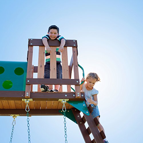 Backyard Discovery Woodridge Elite All Cedar Wood Swing Set, Upper and Lower Deck, Sandbox, Vented Tunnel, Rock Climbing Wall, Coated Rope Belted Backyard Discovery
