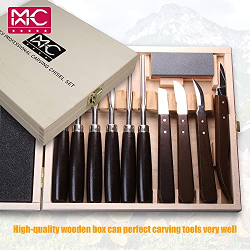 Woodworking 11 PC Carving Chisel Set with Wooden Storage Case - Gouges, Chisels and knifes for Hobbyists and Professional Wood Carving Tool MKC