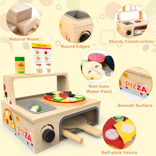 WOODMAM Wooden Pizza Toy - 48 PCS Montessori Pretend Play Food for Ages 3+, Educational Learning Toy Wooden Playset with Bake Oven, Christmas WOODMAM