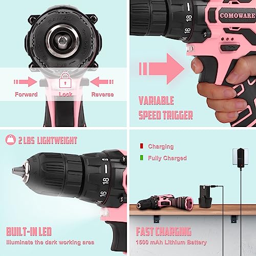 COMOWARE 12V Pink Cordless Drill Driver and Home Tool Kit, Pink Drill Set for Women, Lady's Home Repairing Tool Kit with Power Drill, Large-Capacity COMOWARE