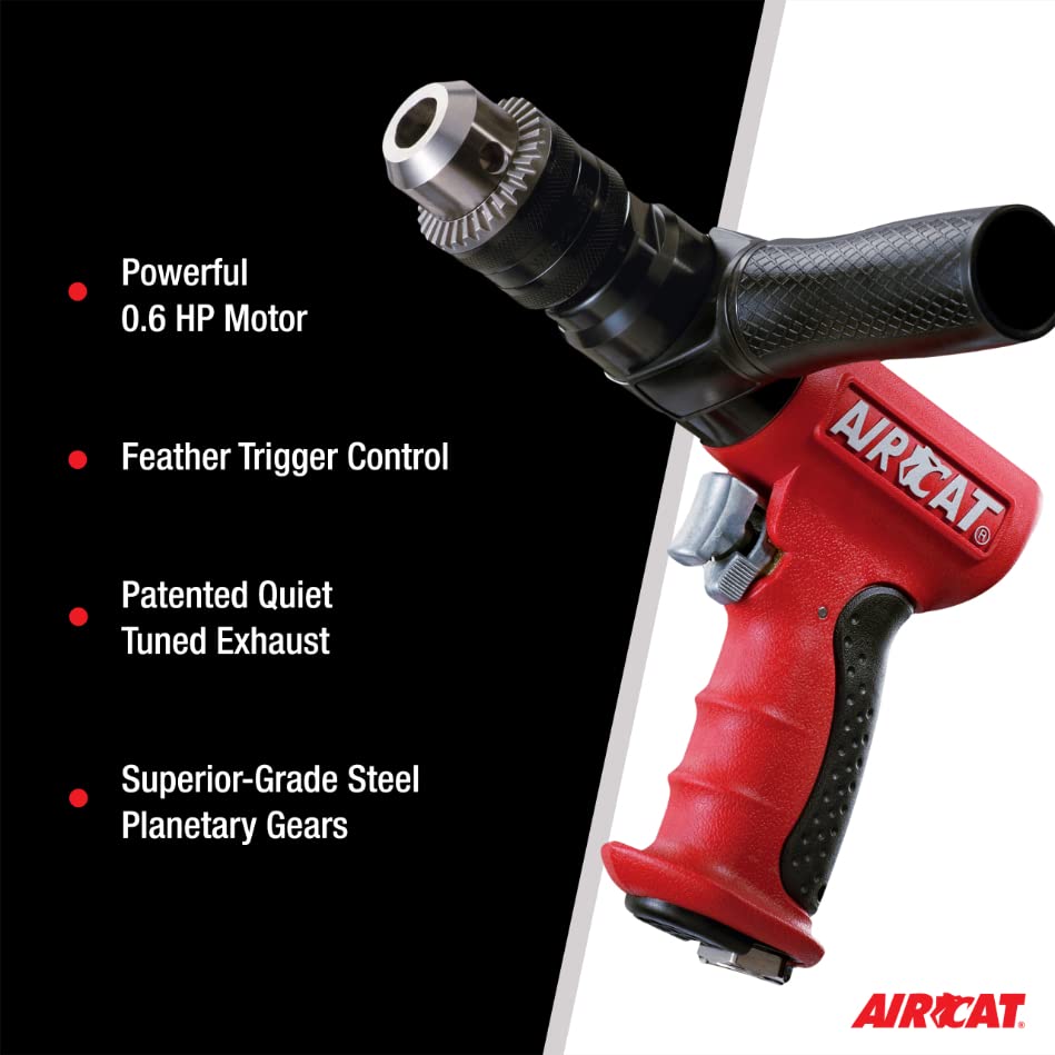 AIRCAT Pneumatic Tools 4450: 1/2-Inch Reversible Composite Drill Air Tool, Side Handle, 400 RPM, 60 HP Motor AIRCAT