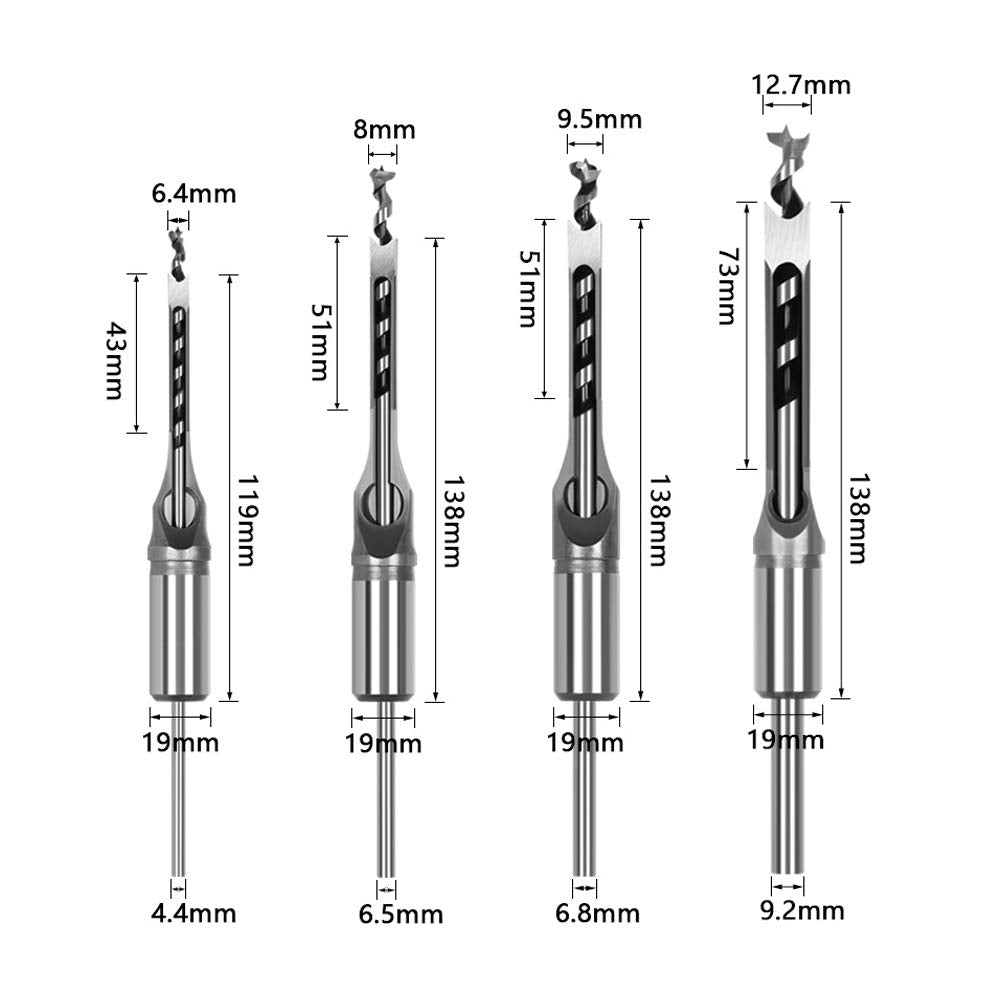 WSOOX Square Hole Drill Bits for Wood, Woodworking Hole Saw Mortising Chisel Drill Bits (Size: 1/4 inch, 5/16 inch, 3/8 inch, 1/2 inch) WSXTOOL