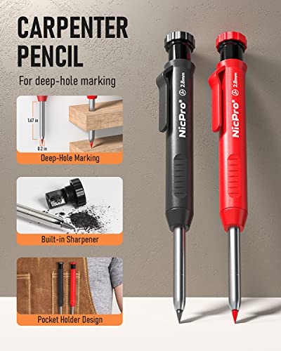 Nicpro 15 Pack Carpenter Pencil Set with Sharpener, Mechanical Carpenter Pencils with 40 Refill, Automatic Center Puncha and Carbide Scribe Tool, Nicpro