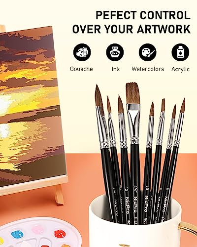 Nicpro 10 PCS Sable Watercolor Brush Set, Professional Watercolor Paint Brushes, Artist Kolinsky Variety Shapes with Flat Round Pointed Paint Brush Nicpro