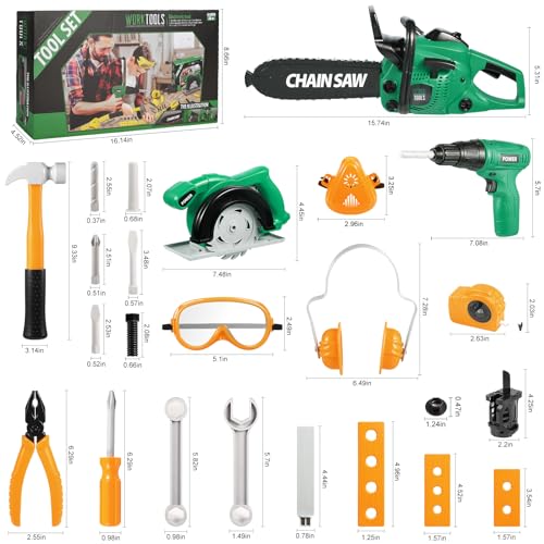 Vextronic Kids Tool Set 36 PCS with Electric Toy Chainsaw Drill Circular Saw with Realistic Sounds, Toy Tool Set for Toddlers 3 4 5 6 7 8, Pretend Vextronic
