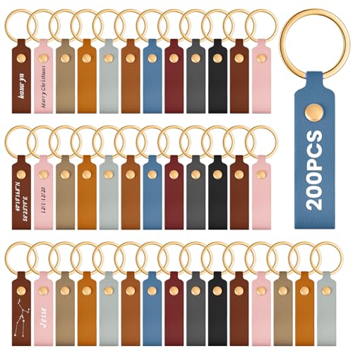 Wavyknot 200 Pack Personalized Leather Keychain Leather Kit PU Leather Keychain Blanks with Key Rings and Rivets Key Chain Blanks for DIY Craft Laser Wavyknot