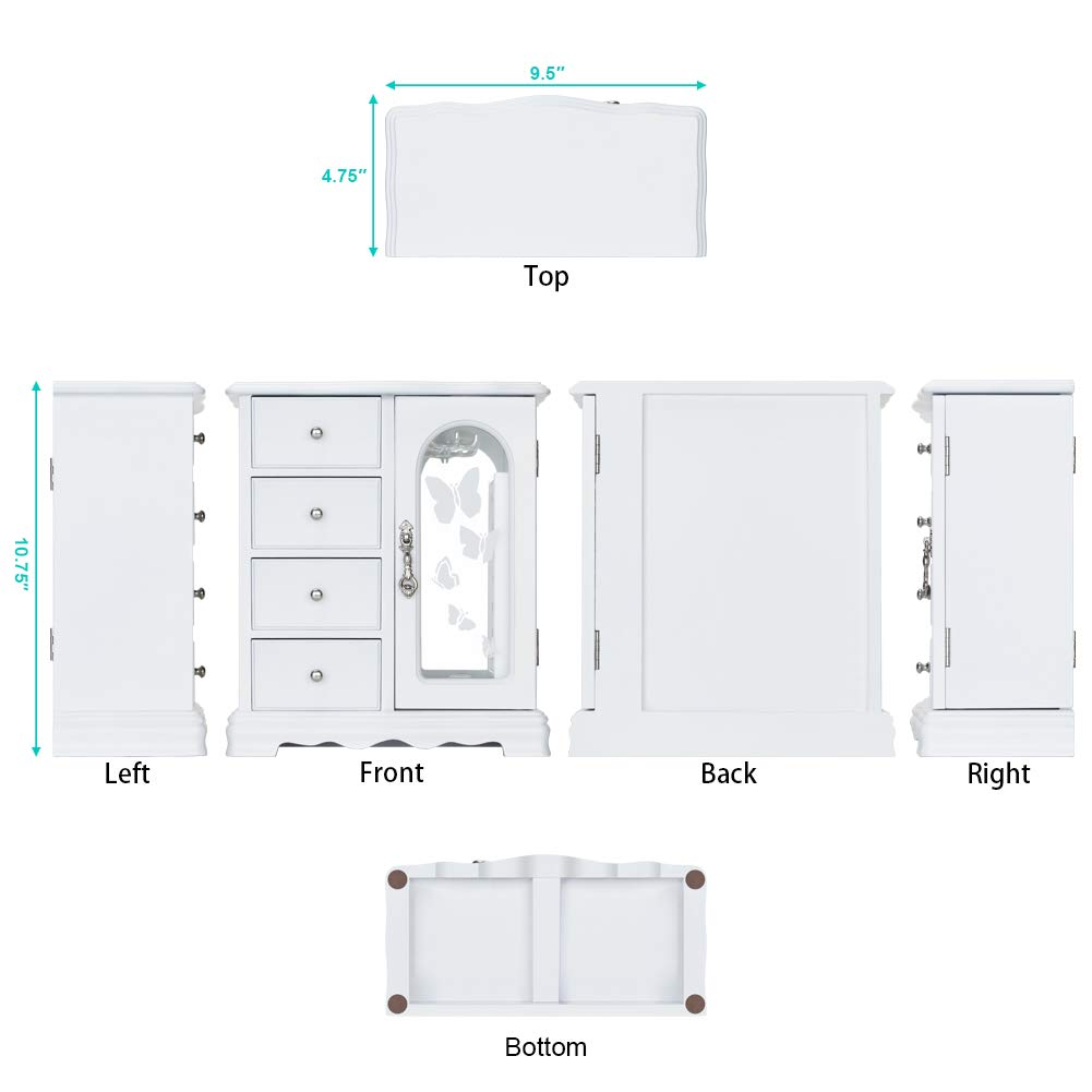 RR ROUND RICH DESIGN Jewelry Box - Made of Solid Wood with 4 Drawers Organizer and Built-in Necklace Carousel and Large Mirror White RR ROUND RICH DESIGN