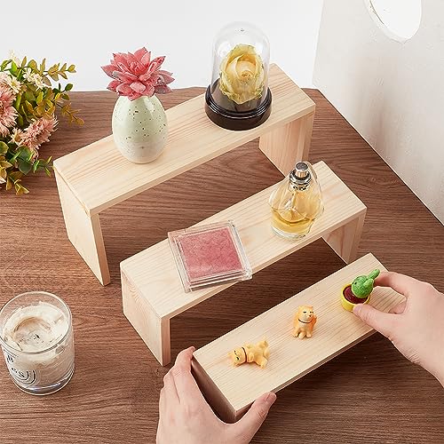 NBEADS 3-Tier Rectangle Wood Jewelry Display Risers, 3 Sizes Unfinished Wood Display Risers Shelf Showcase Fixtures Detachable Display Stand for NBEADS