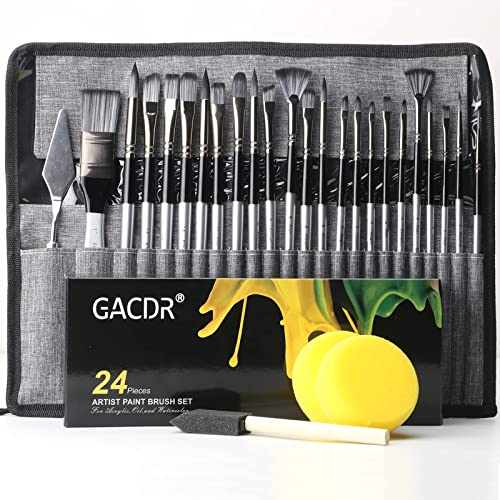 GACDR Acrylic Paint Brush Set, 24 Pieces Paint Brushes for Acrylic Painting with Cloth Roll Case and 2 Sponges, Pinceles para Acrilico for Oil GACDR