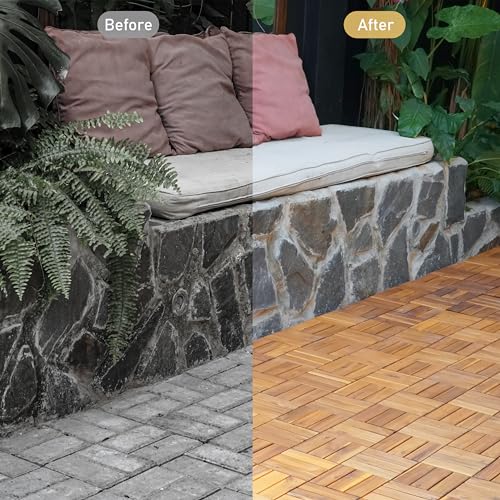 AN68 Pack of 10 Deck Tiles - 12"x12" Interlocking Natural Solid Acacia Wood for Outdoor & Indoor, Patio Garden, Balcony, Poolside - Natural Color AN68