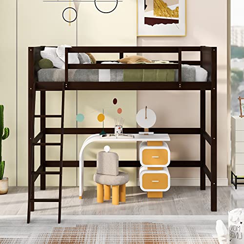 Merax Espresso Twin Modern Wood Loft Bed with Guardrail and Ladders Merax