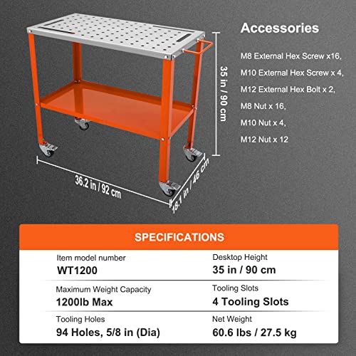 VEVOR Welding Table 36"x18", 1200lbs Load Capacity Steel Welding Workbench Table on Wheels, Portable Work Bench with Braking Lockable Casters, 4 Tool VEVOR