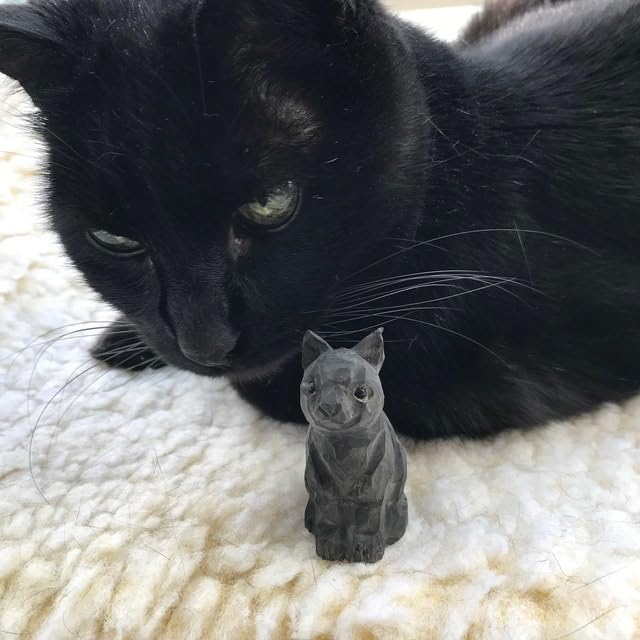 Selsela Black Cat Figurine Handmade Wood Carved Small Statue Halloween Decor Pet Craft Miniature Animal Selsela