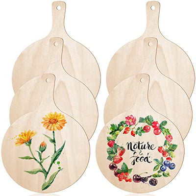 6 Pieces Mini Wooden Cutting Board Craft with Handle Wooden Chopping Board Unfinished Round Charcuterie Boards Mini Cheese Board Rustic Paddle for