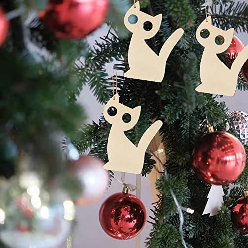 Big Eyes Cat Shape Wooden Blank Wood with Twines Art Unfinished Ornaments for Christmas Wedding Birthday Party Thanksgiving Day Decoration 24Pcs Zontween