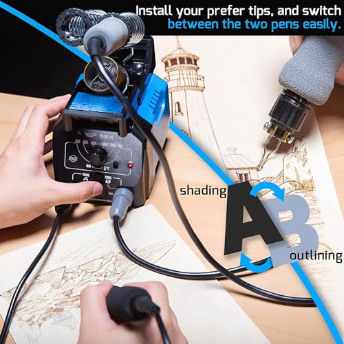 WEP 939-III Dual Pen Wood Burning Kit 34-IN-1 with 20 Woodburning Tips Soft-Grip Pyrography Pen with 2 Stencils, 2 Unfinished Wood, 1 Pen Holder WEP