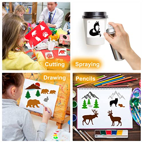 65 Pieces Animal Stencils for Painting, Small Reusable Deer Bear Stencil Template Tree Bee Bird Mountain DIY Craft Paint Stencils for Painting on Hosomono