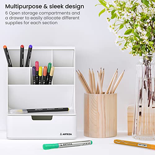 ARTEZA Desktop Pen and Marker Organizer, 6-Compartment White Pen Holder for Desk with Stationery Drawer, 5.43in x 7.09in x 9.33in, Makeup Organizer ARTEZA