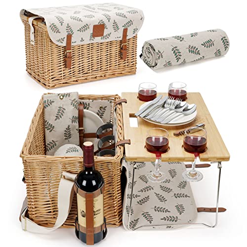 WILLOW WEAVE Picnic Basket with Table, Wine Picnic Basket Set 4, Wicker Picnic Basket for 4, Willow Hamper Service Gift Set with Blanket & Portable WILLOW WEAVE