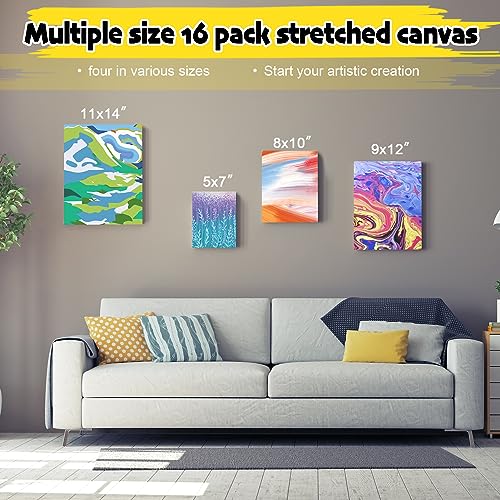 12 Pack Stretched Canvases for Painting with 11x14, 9 x12, 8x10, 5x7(3 of Each), Blank Primed Canvas for Oil, Acrylic & Others, Multi Size Set for Inburit